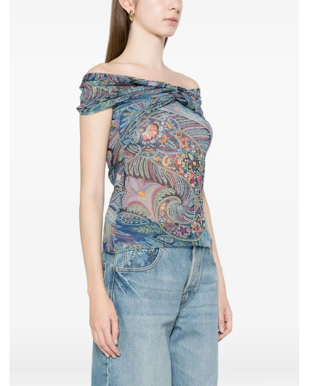 Etro Blue Semi-Sheer Straight Neck Patterned Top