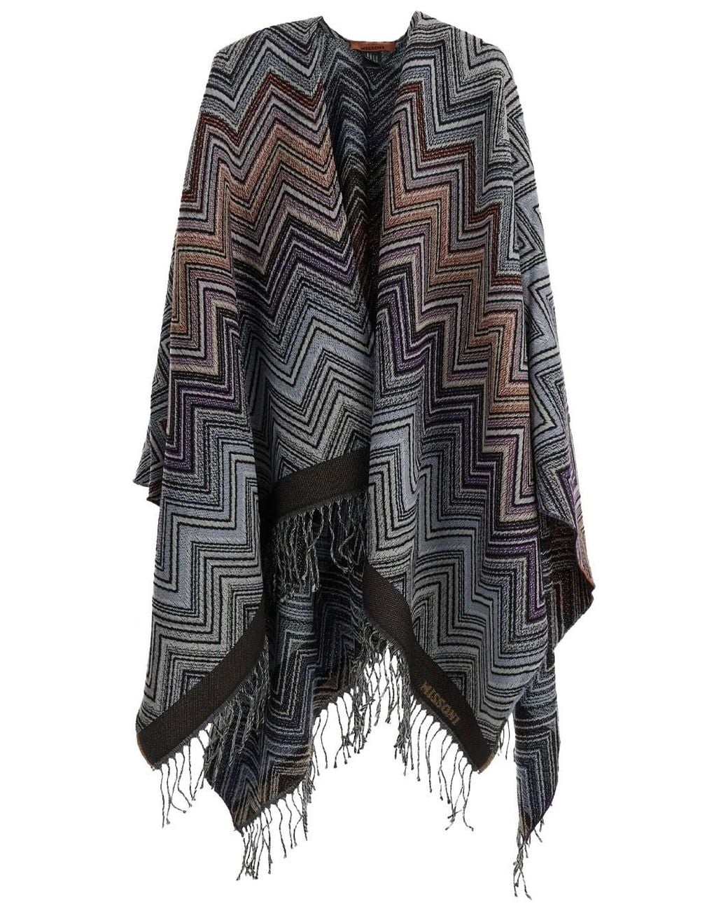 Missoni Gray Zig-Zag Wool Poncho With Fringes