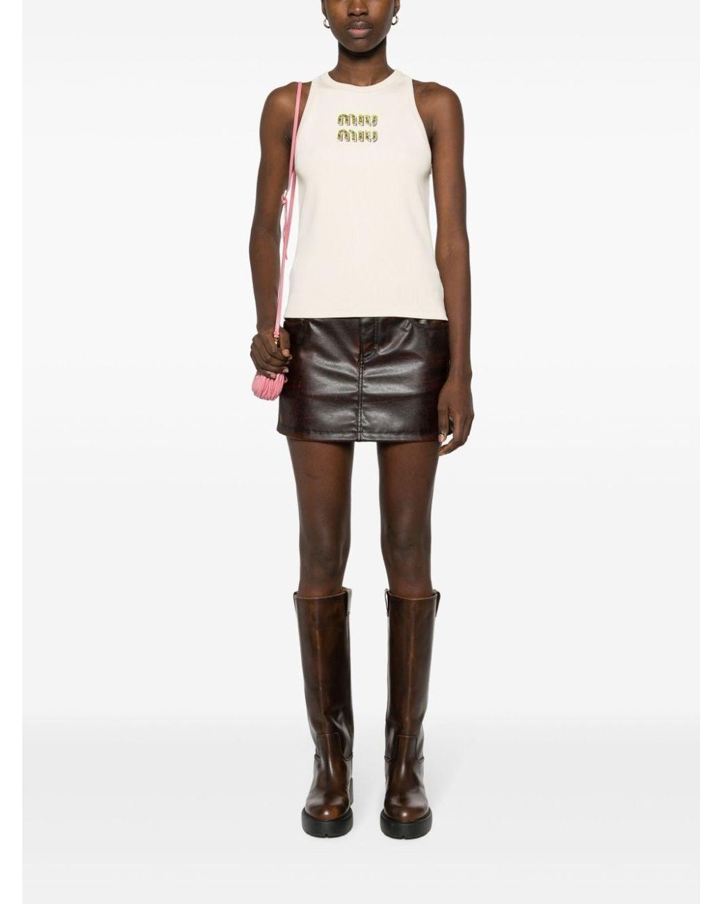 【MIU MIU】最新作★フリル Logo Rib Top Natural Ribbed Jersey Top With Embroidered Logo | Miu Miu