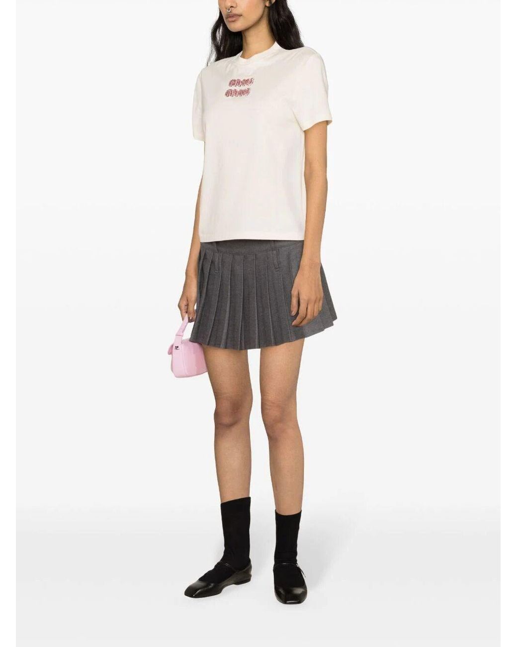 MIU MIUストーン装飾 ホワイト Tシャツ S MIU MIU ミュウミュウ ロゴ 半袖 クロップド Tシャツ クリスタル