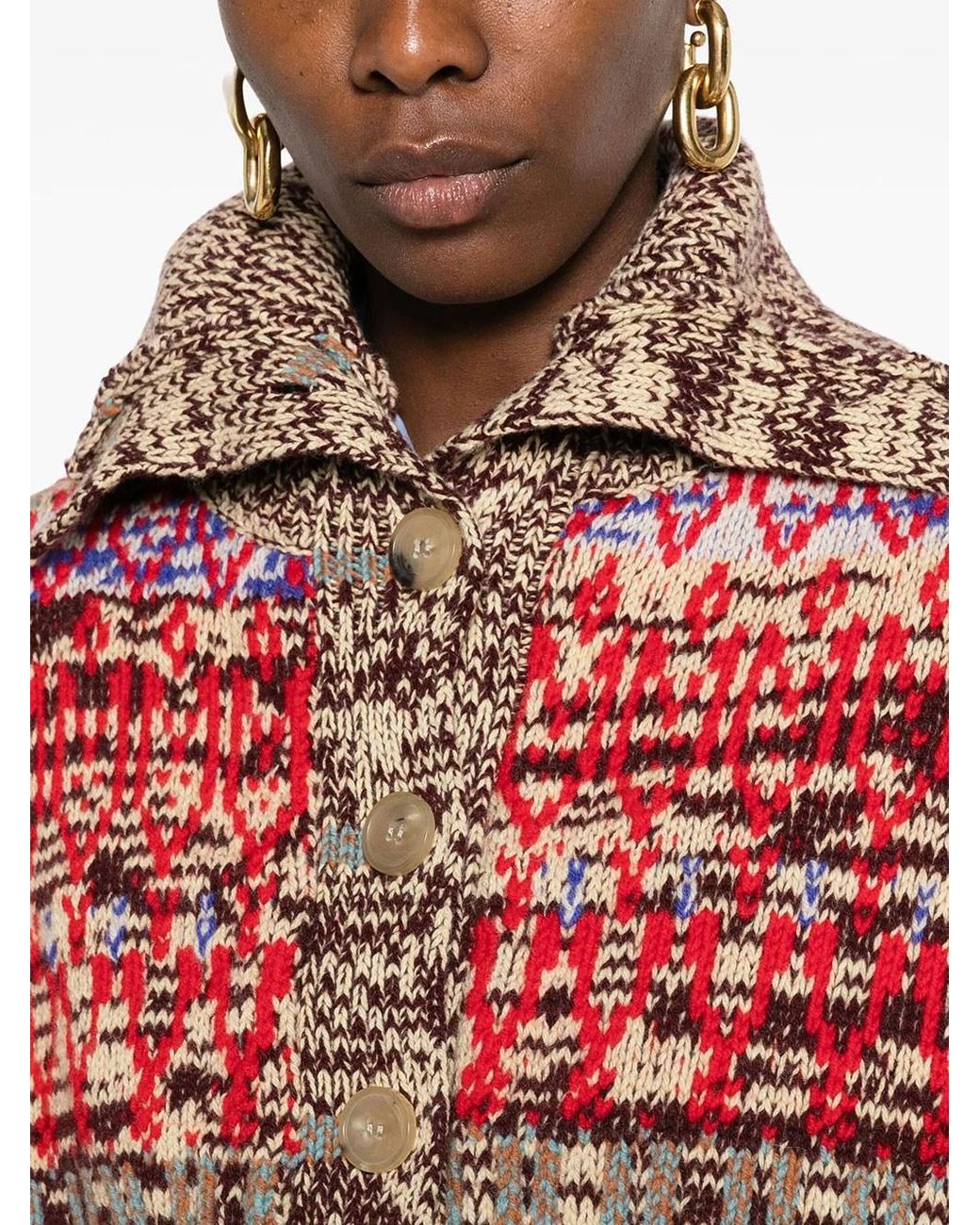 Dries Van Noten Red Oversized Jacquard Wool Cardigan