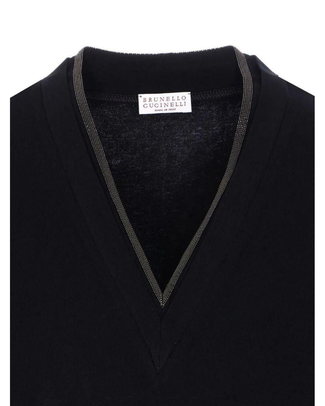 Brunello Cucinelli Black Monili Trim V-Neck Cotton T-Shirt