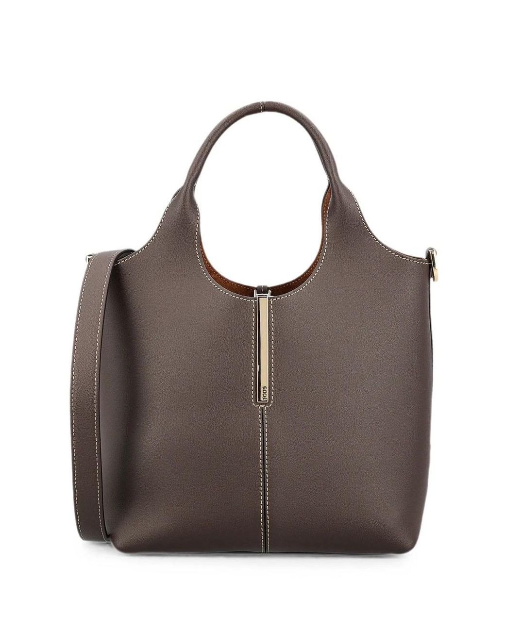 Tod's Brown Leather Mini Tote Bag With Branded Metal Bar Accessory