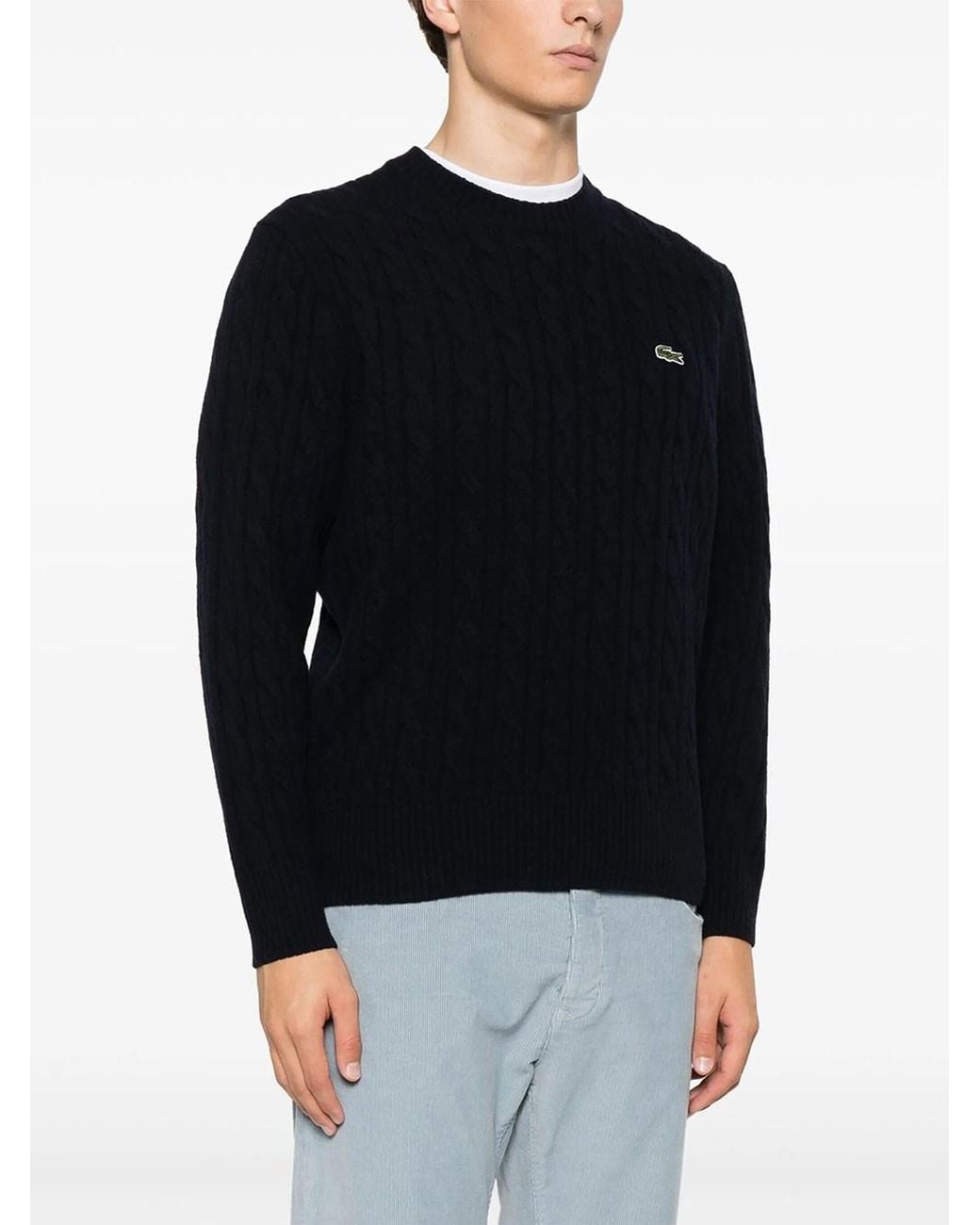 Lacoste Blue Crew-neck Cable Knit Sweater In Carded Wool for men