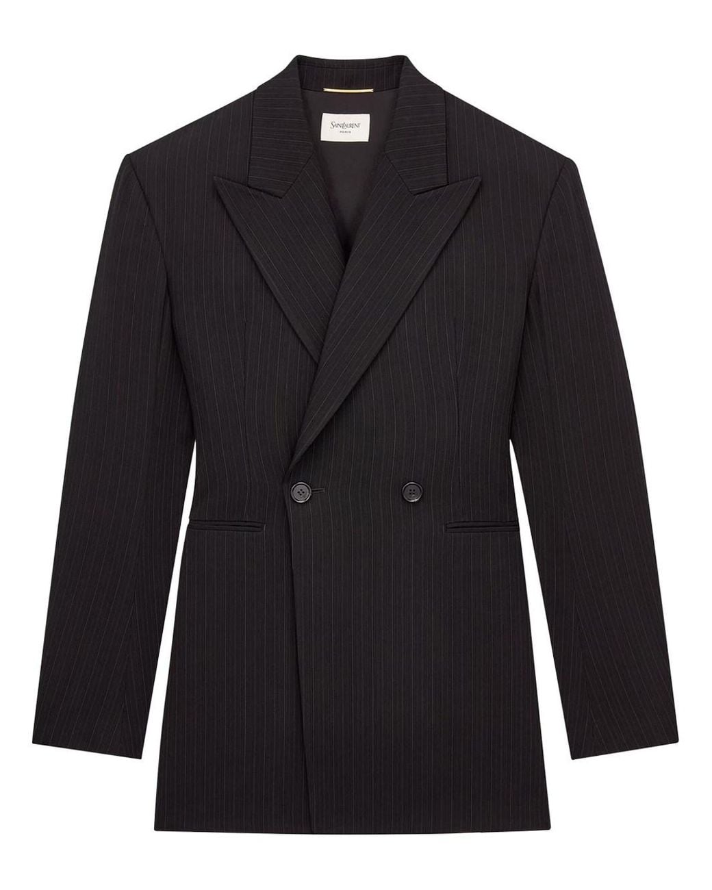 Saint Laurent Black Double-Breasted Wool Mélange Pinstripe Jacket