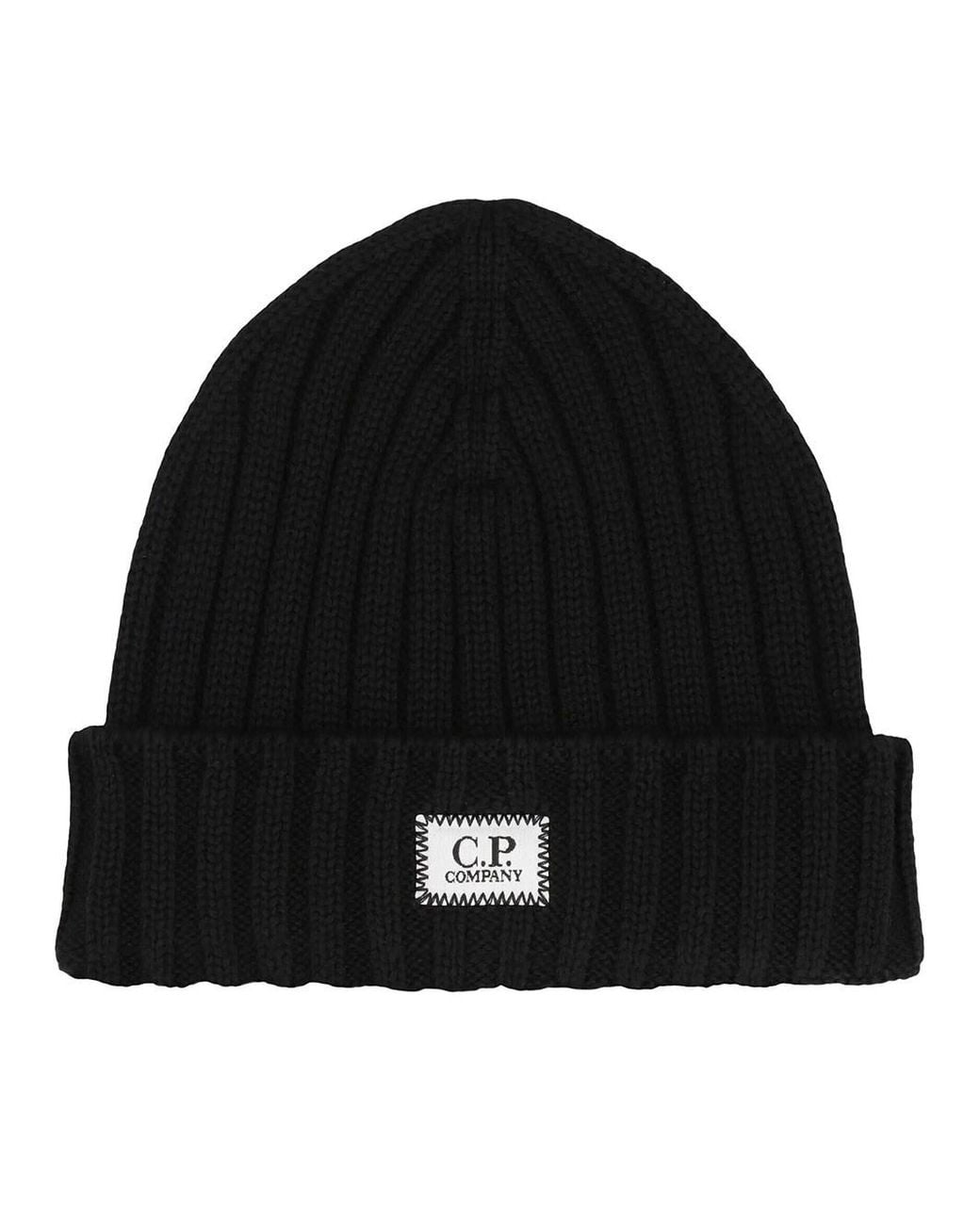 C P Company Black Beanie With Logo for men