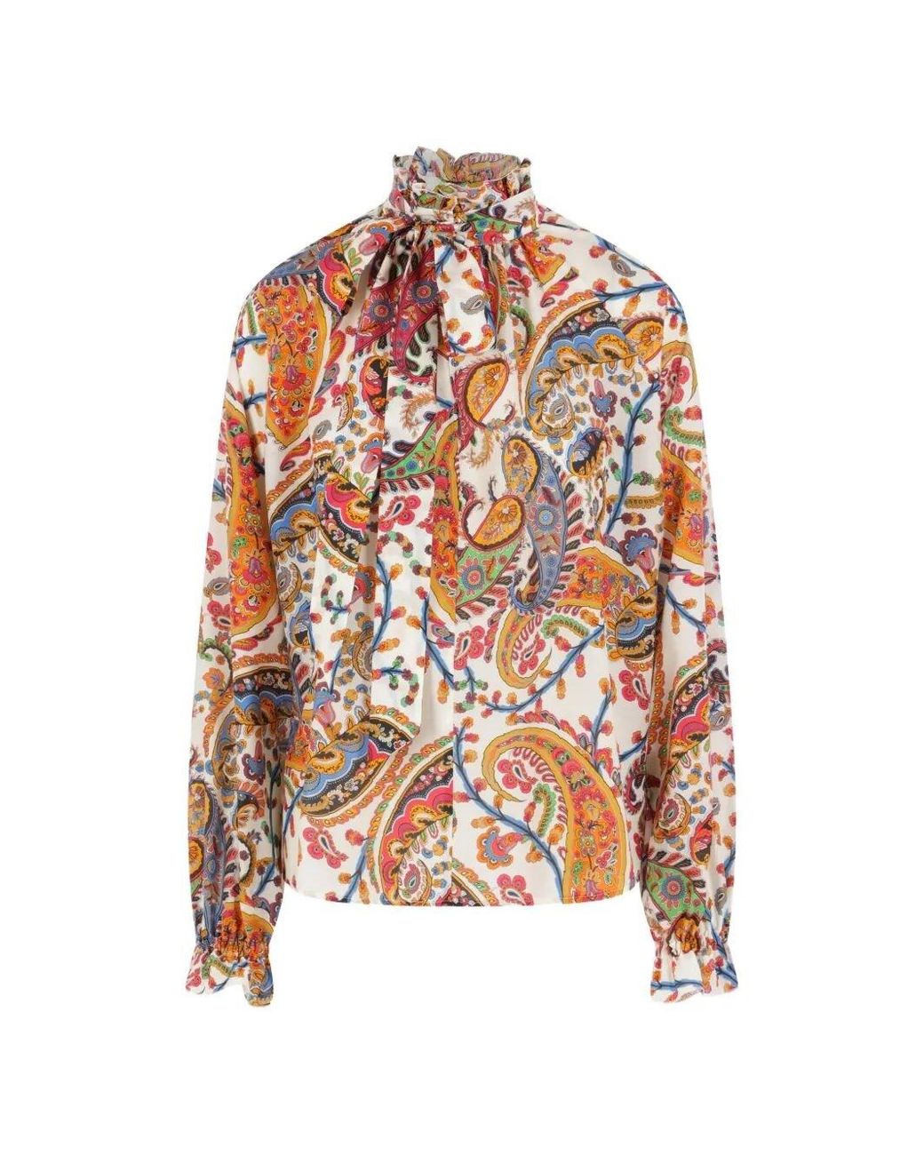 Etro White Paisley-Print Tie-Neck Silk Blend Blouse
