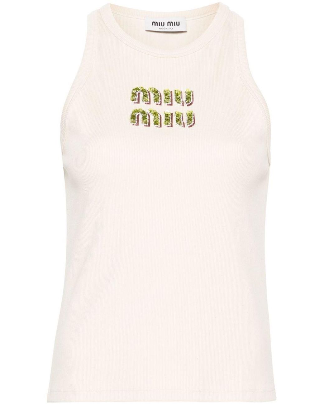 Miu Miu Logo-embroidered Ribbed Tank Top in Natural | Lyst