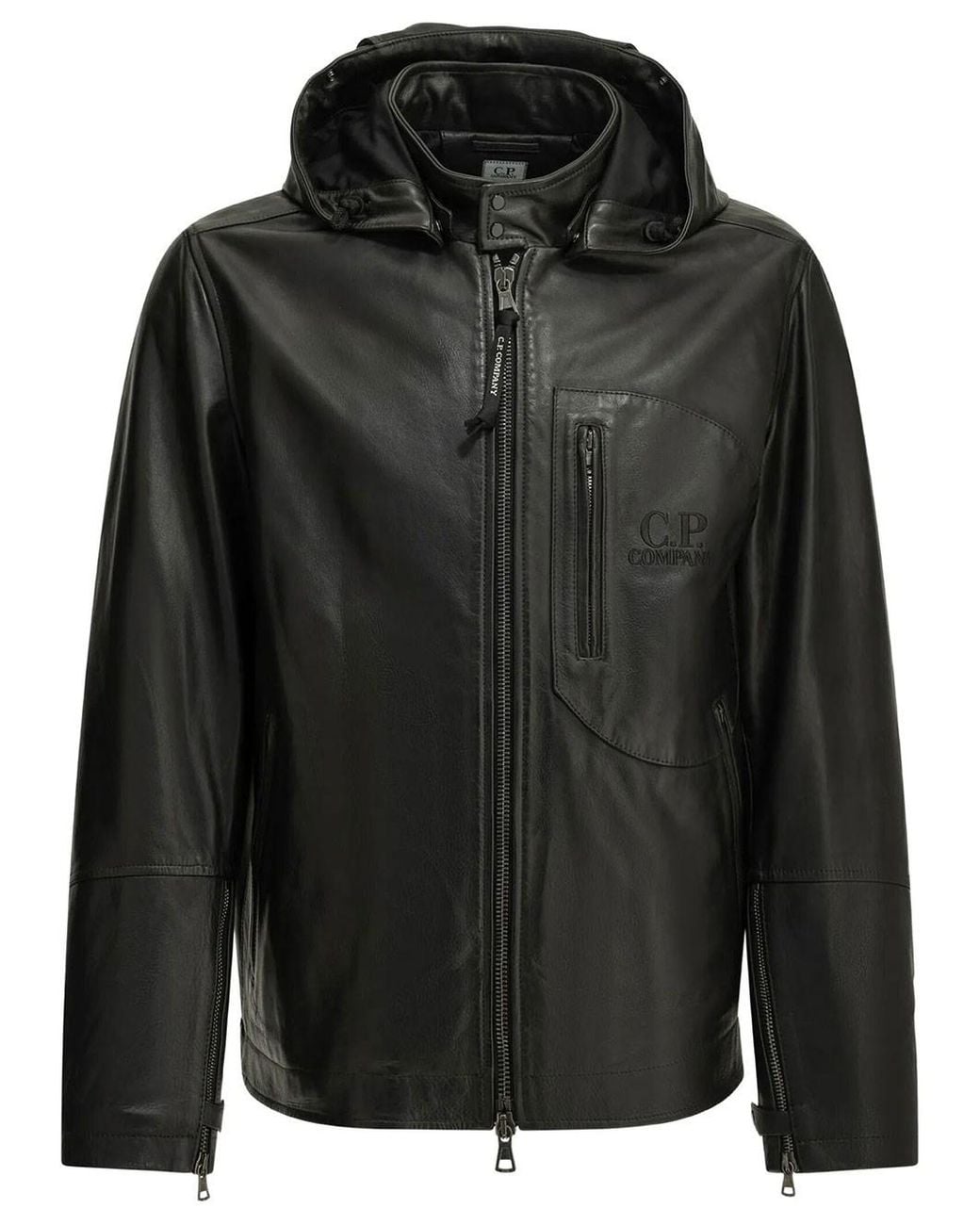 C P Company Black Leather Goggle Jacket for men