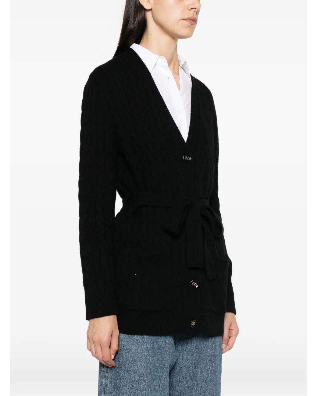 Valentino Garavani Black Cashmere Cable Knit Cardigan With Belt