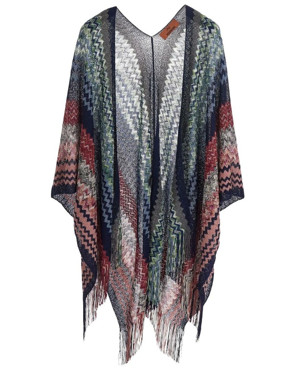 Missoni Blue Zig-Zag Lurex Knit Poncho With Fringe
