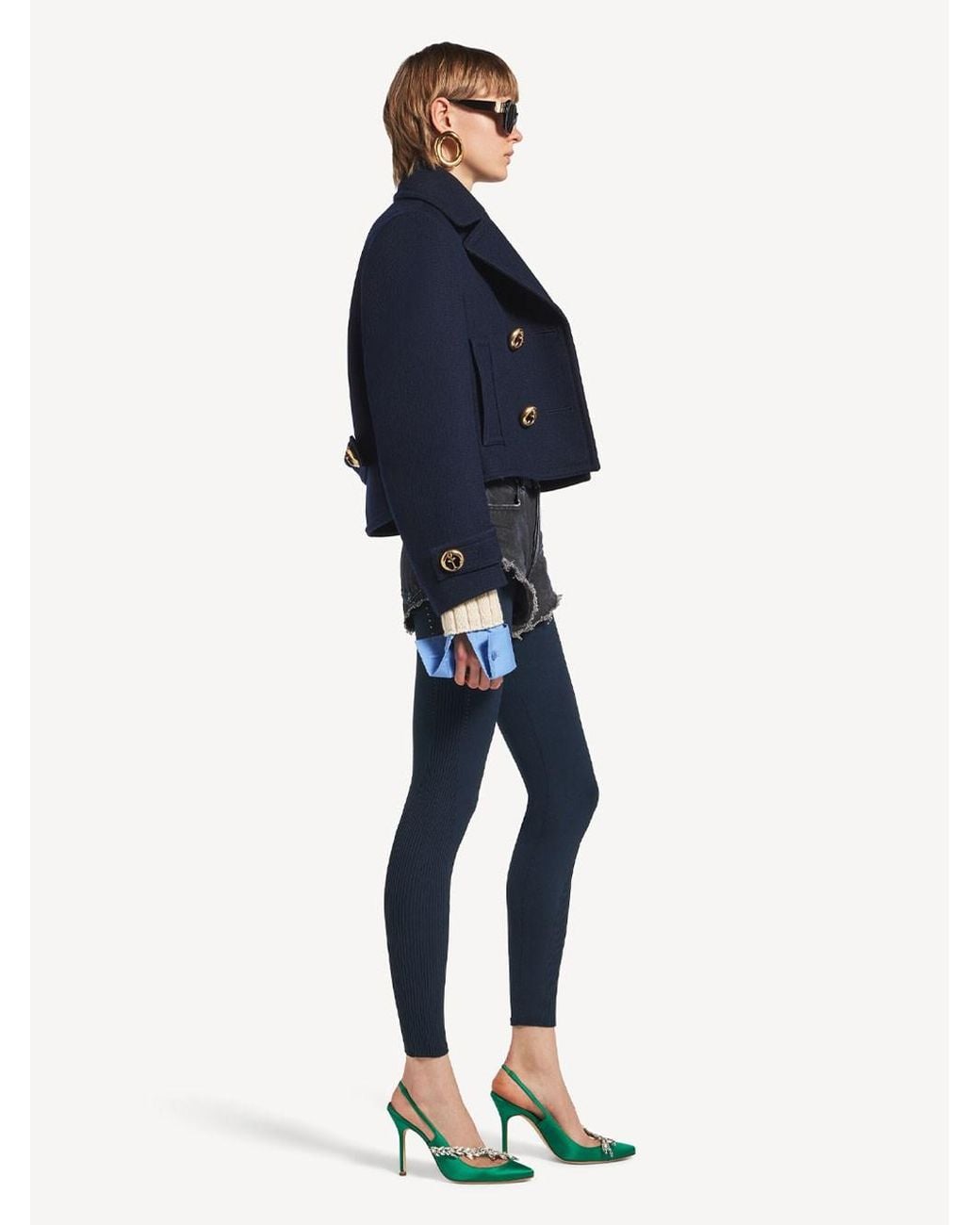 Balenciaga Blue Cropped Textured Wool Peacoat