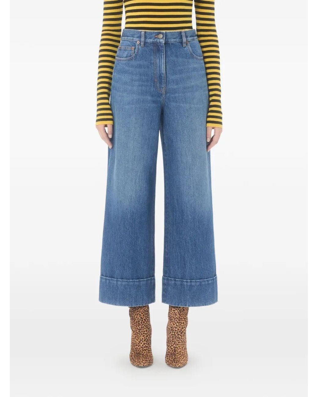 Valentino Garavani Blue Wide Leg Denim Pants With V