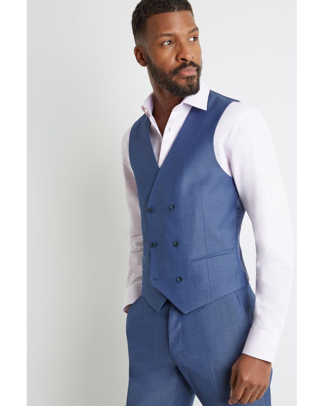 Ted Baker Wool Tailored Fit Faded Blue Twill Double Breasted Waistcoat ...