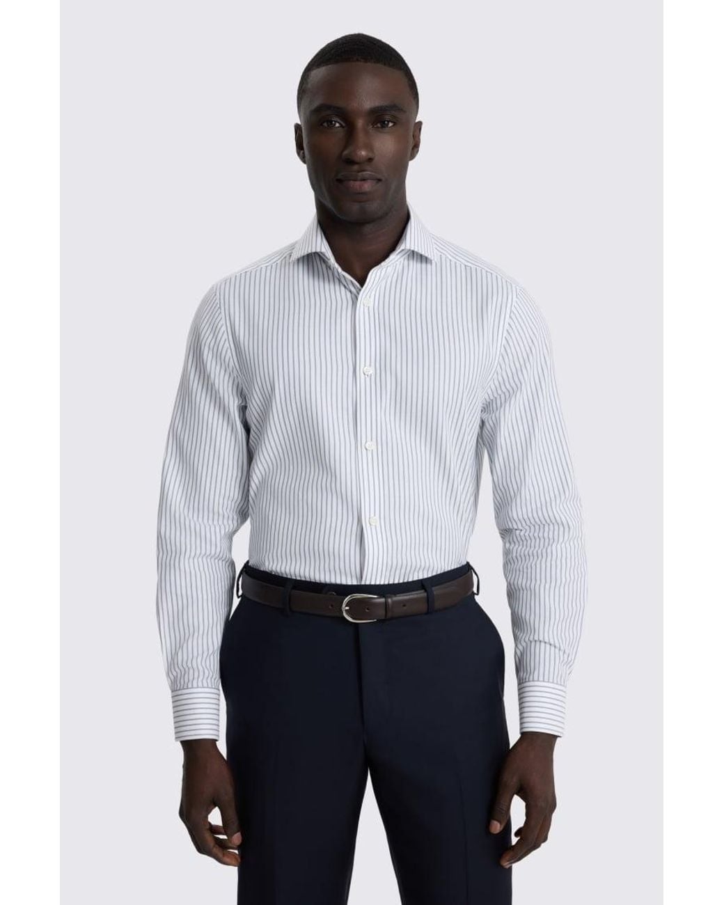 Moss Bros White Tailored Fit & Wide Stripe Cotton Shirt for men
