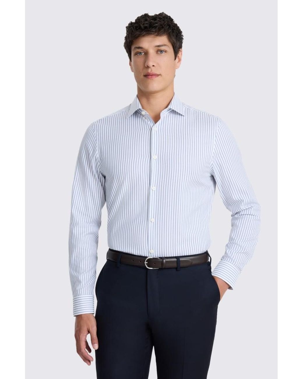 Moss Bros White Slim Fit & Wide Stripe Cotton Shirt for men