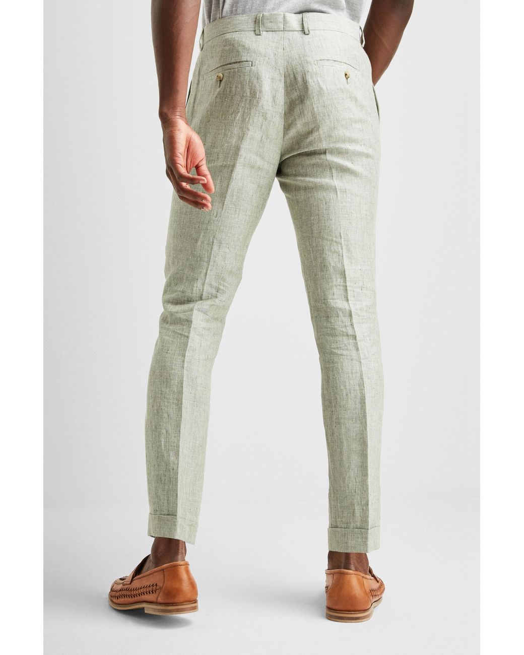 Moss Bros Slim Fit Sage Linen Trousers 