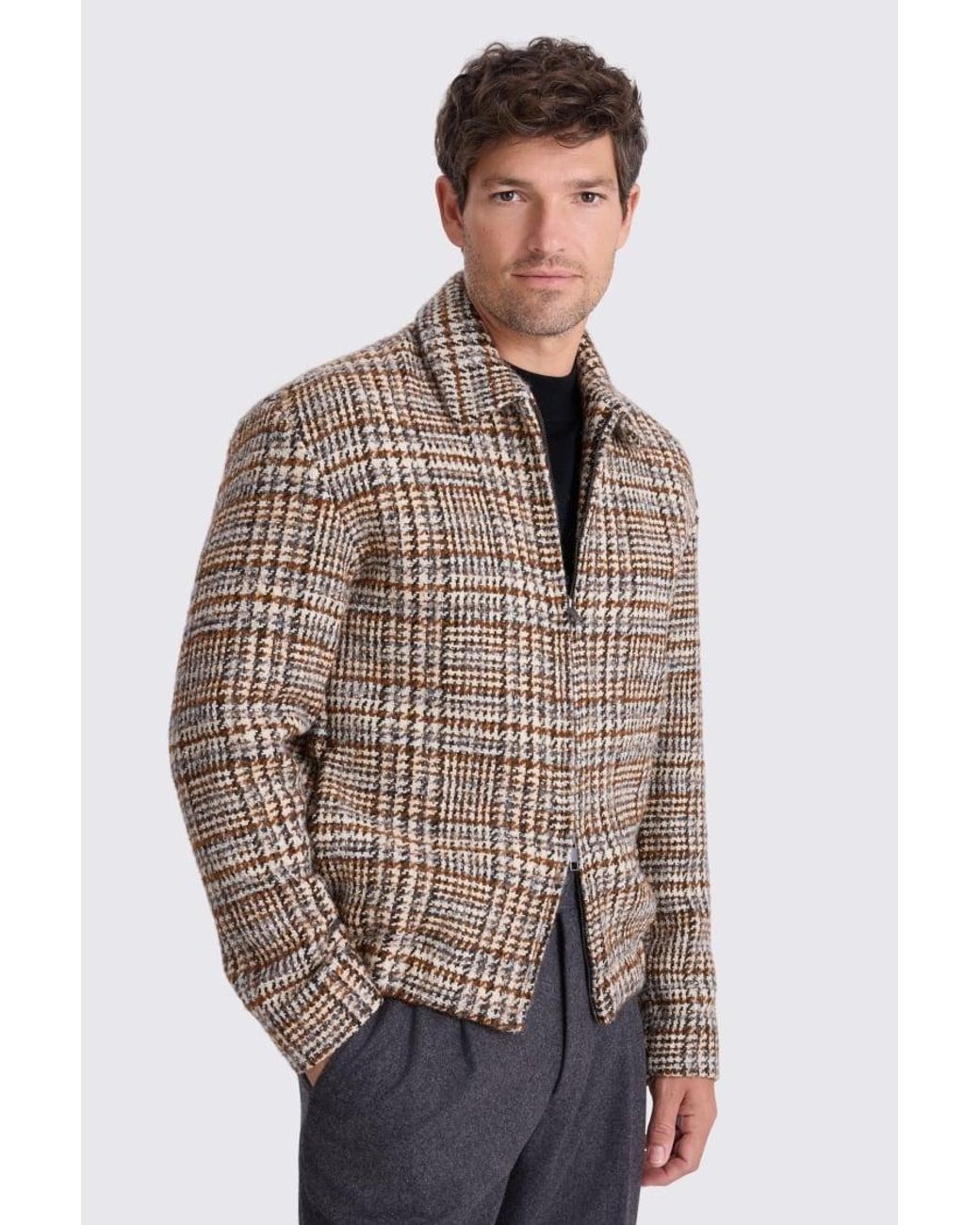 Moss Bros Natural Italian Neutral Check Cotton Shacket for men