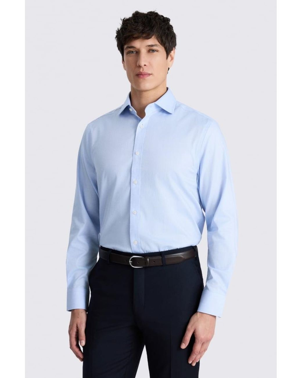 Moss Bros Blue Regular Fit Sky Dobby Stretch Shirt for men
