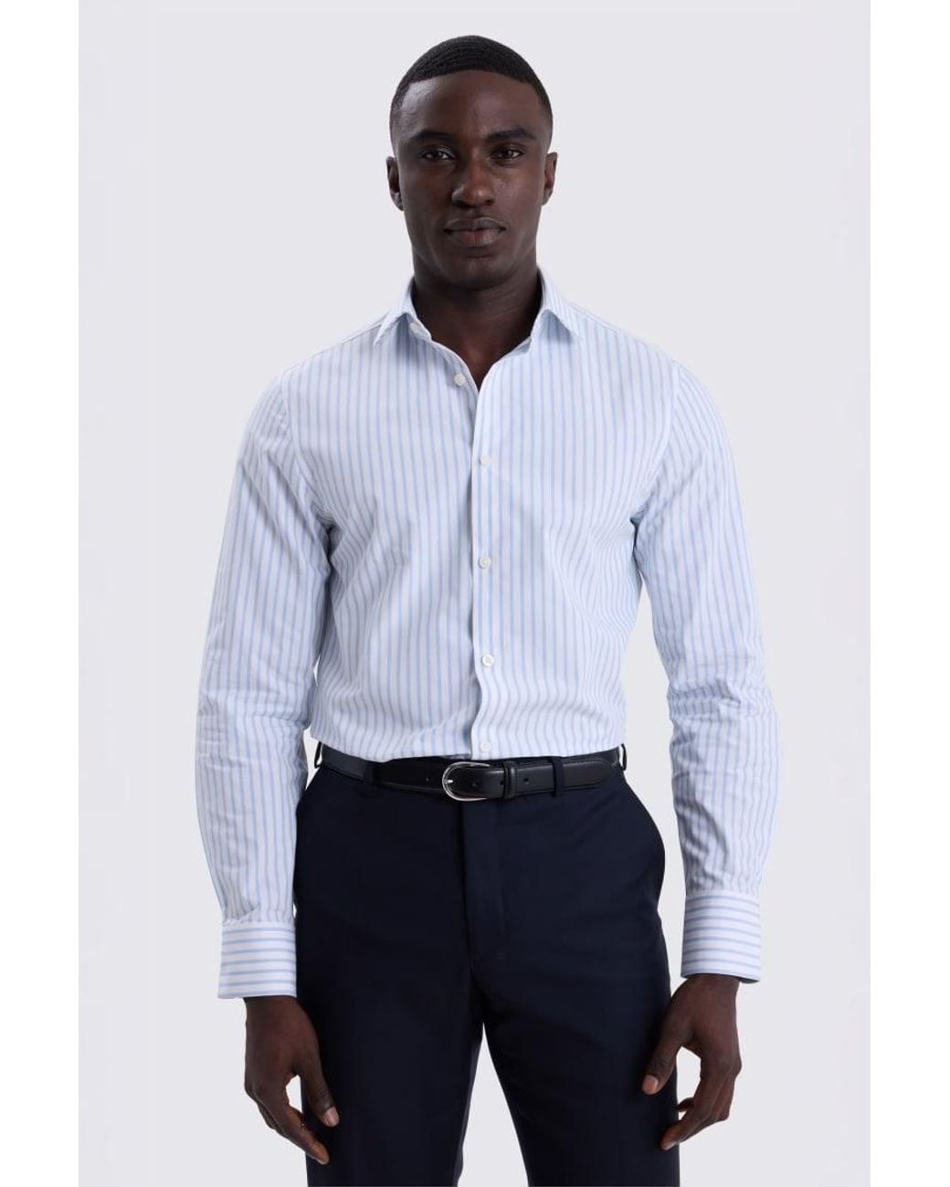 Moss Bros White Slim Fit Sky Wide Stripe Cotton Shirt for men