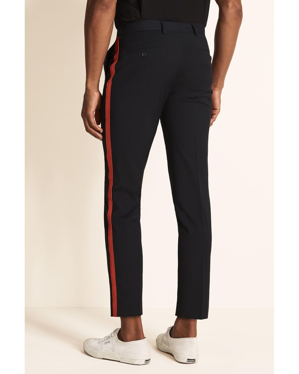Moss Slim Fit Navy With Red Side Stripe Cropped Trousers in Blue for Men |  Lyst