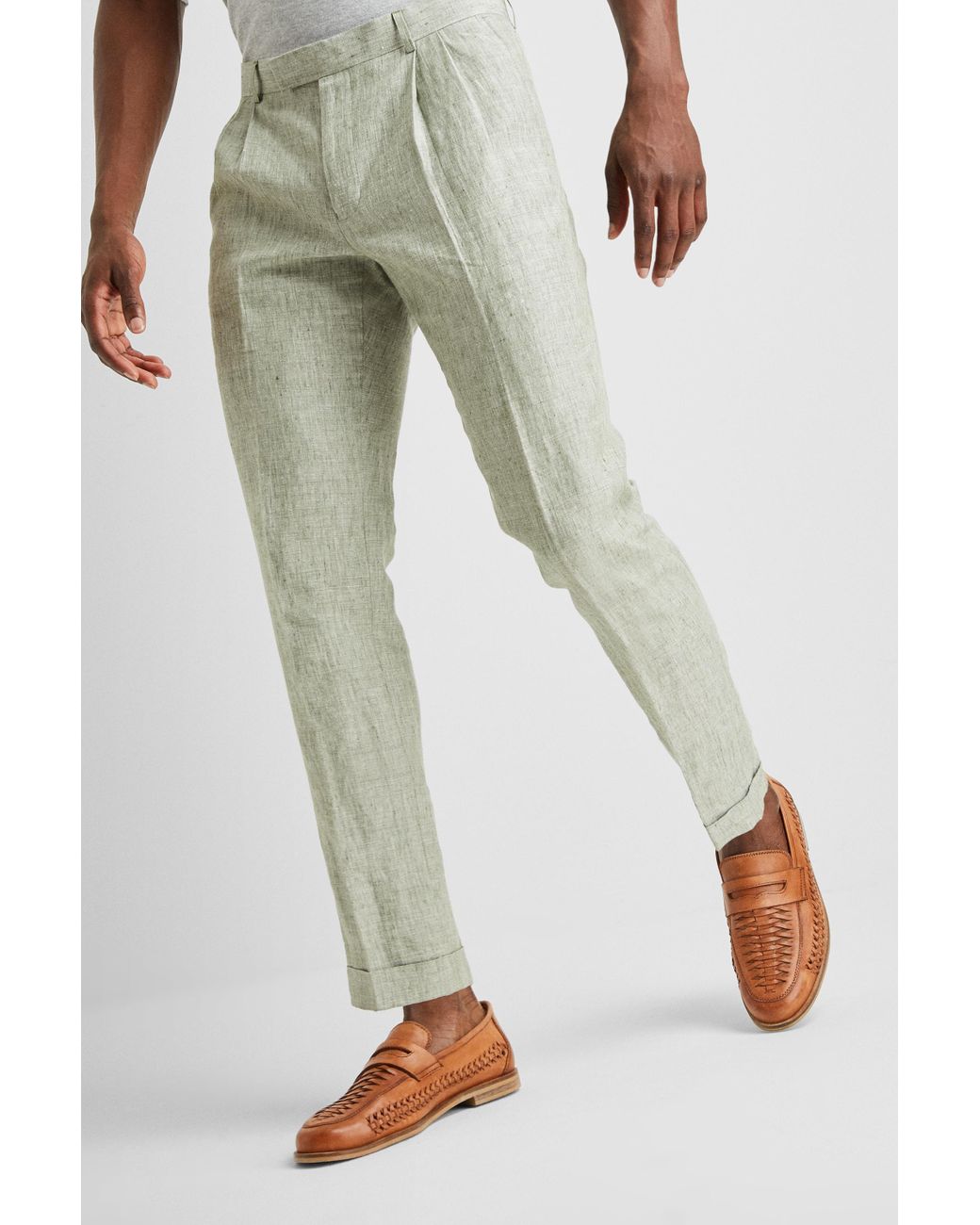Moss Bros Slim Fit Sage Linen Trousers 