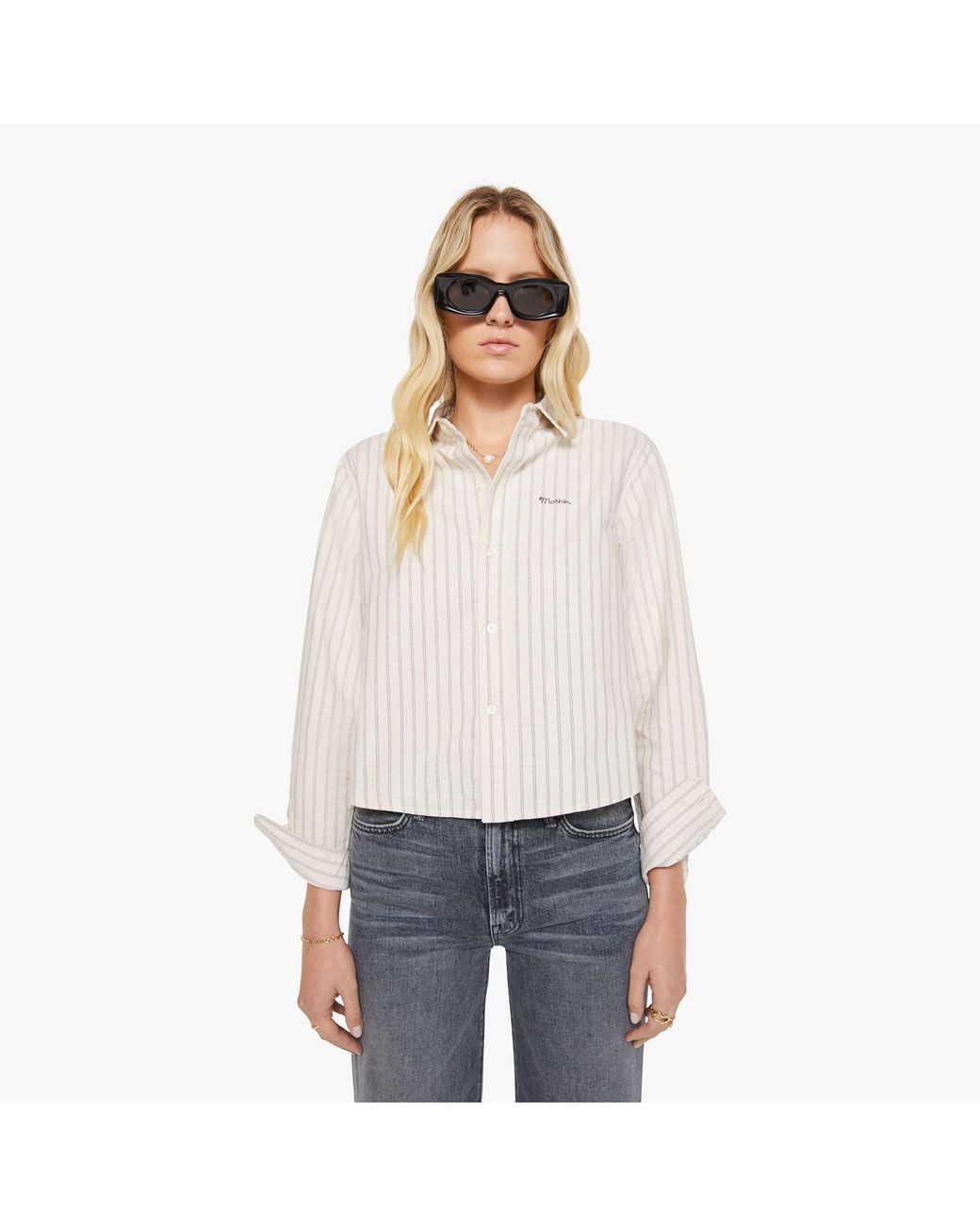 Mother White The Cropped Bestie Cream And Stripe Shirt
