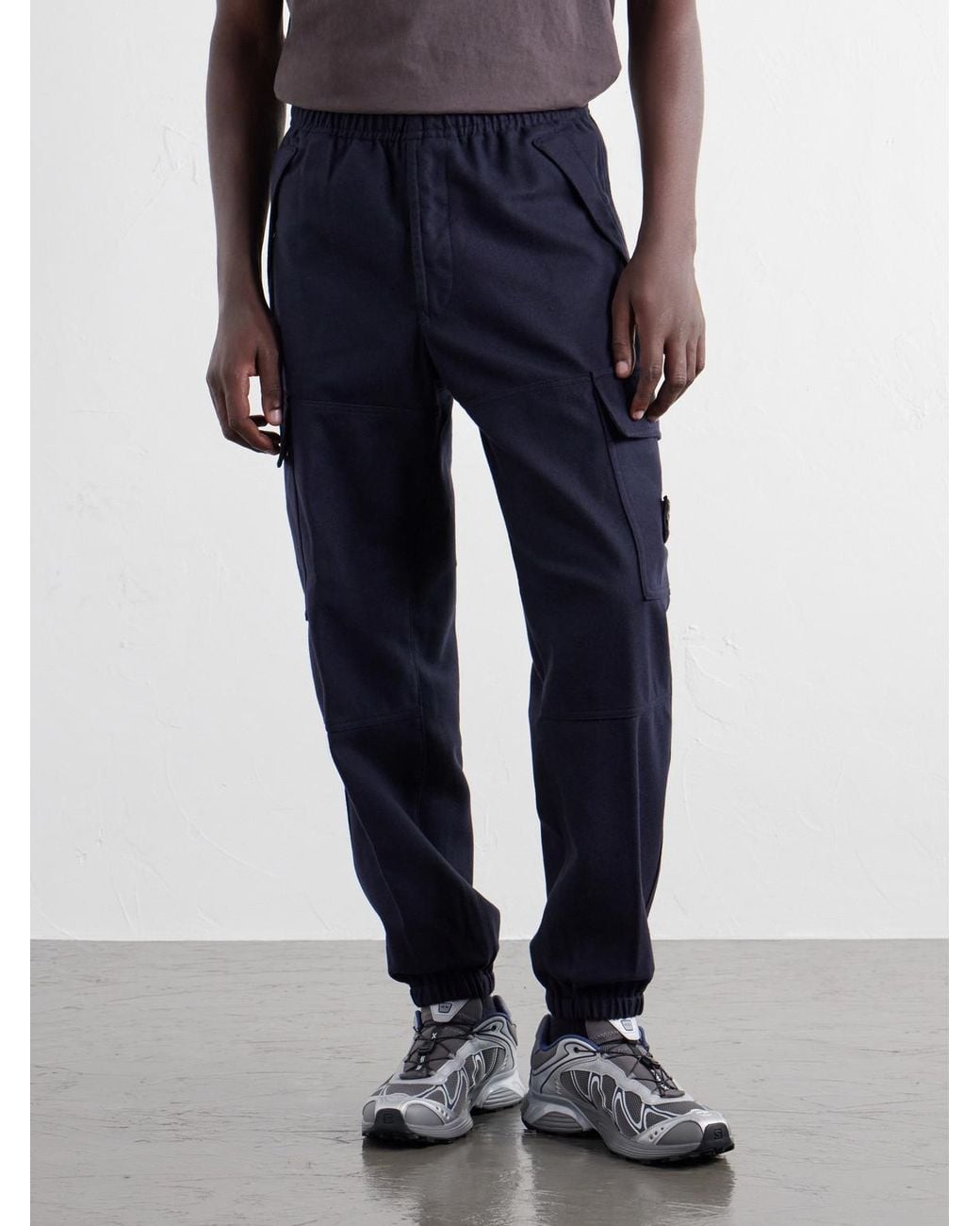 Stone Island Blue Garment-Dyed Wool-Blend Nylon Flannel-Tc Cargo Sweatpants for men