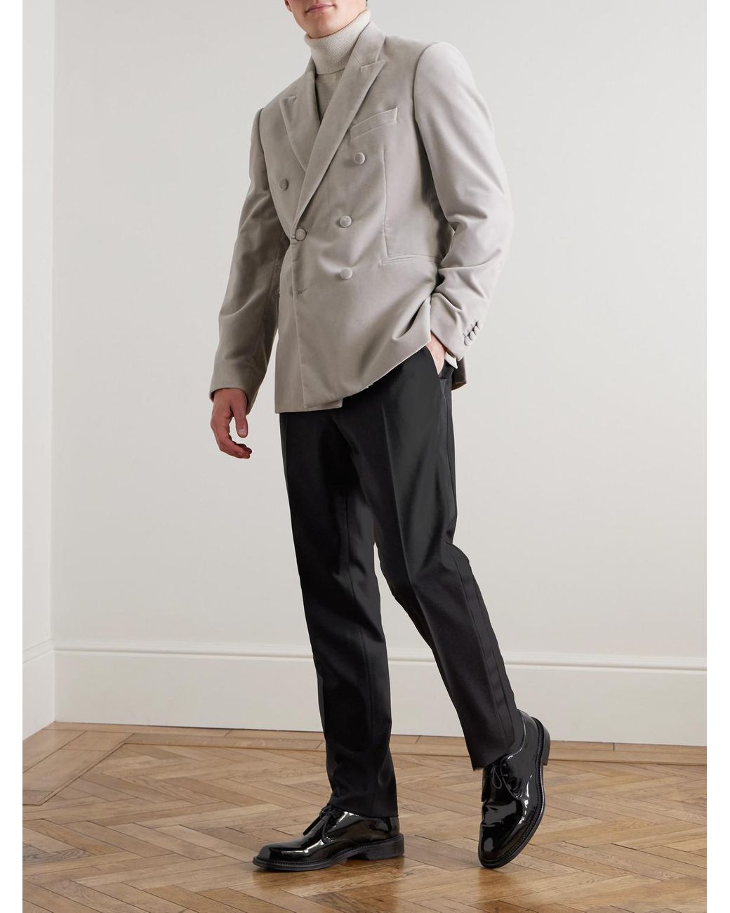 Mr P. Black Slim-Fit Twill-Trimmed Wool Tuxedo Trousers for men