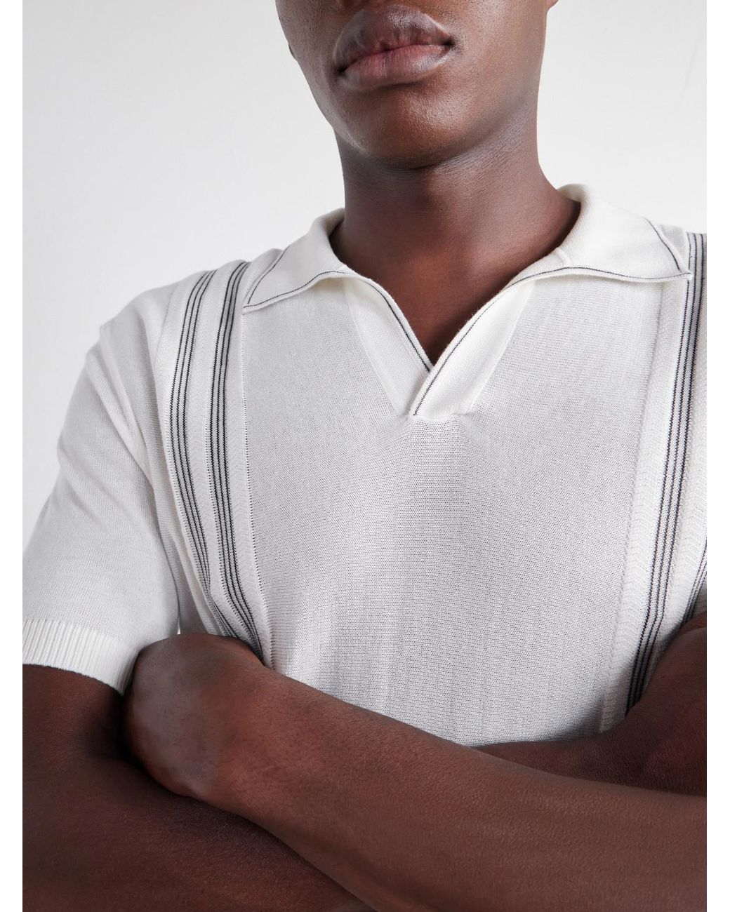 Orlebar Brown White Horton Striped Silk And Cotton-Blend Polo Shirt for men