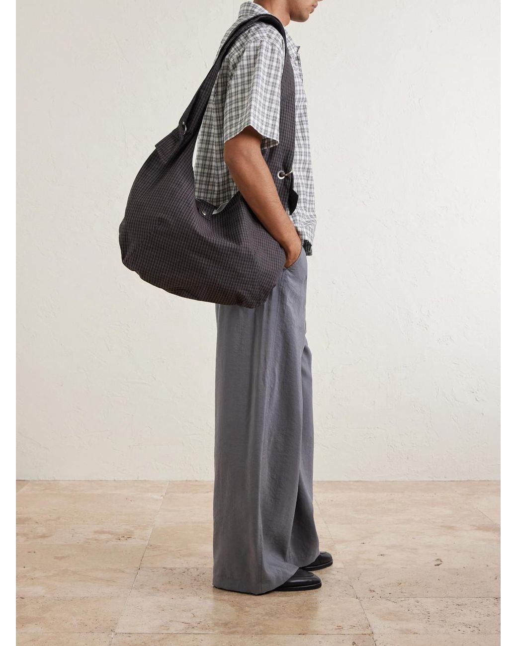 mfpen Black Eyelet Checked Cotton And Linen-Blend Canvas Shoulder Bag for men