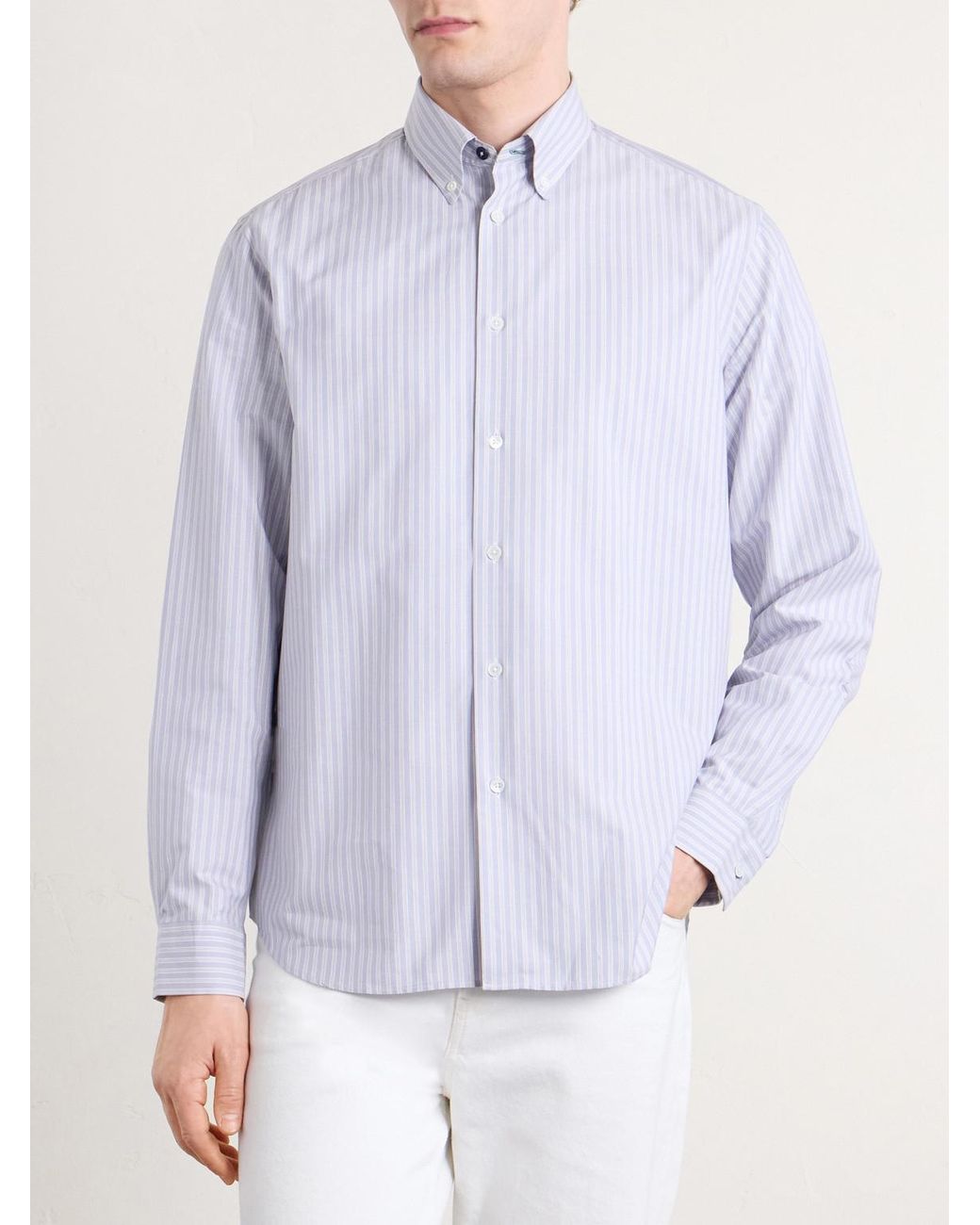 Paul Smith White Button-Down Collar Striped Cotton-Poplin Shirt for men