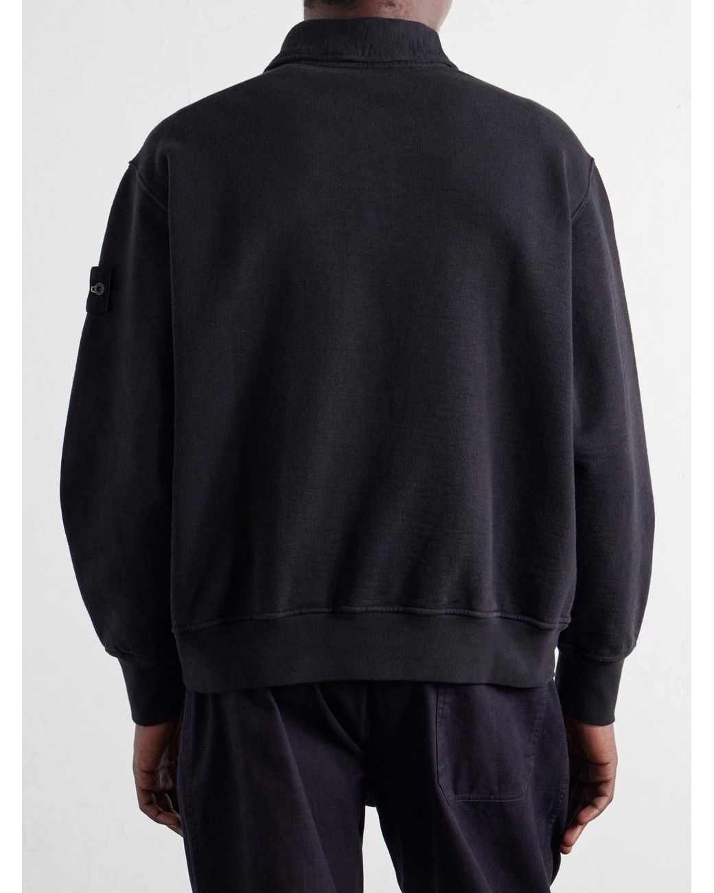 Stone Island Blue Garment-Dyed Tubular Cotton-Fleece Polo Sweater for men