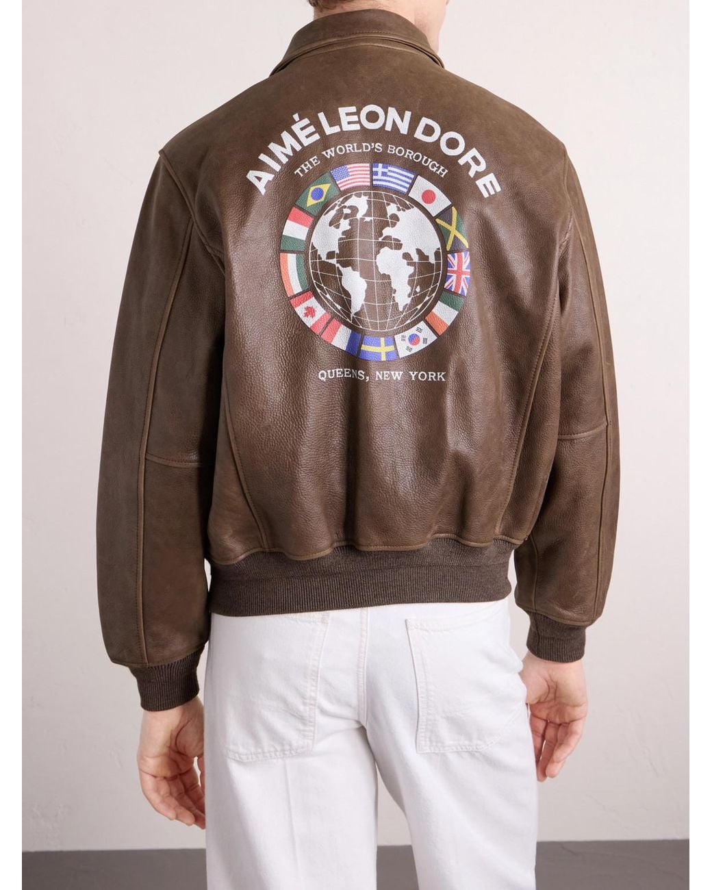 Aimé Leon Dore Brown World's Borough Logo-Print Leather Jacket for men