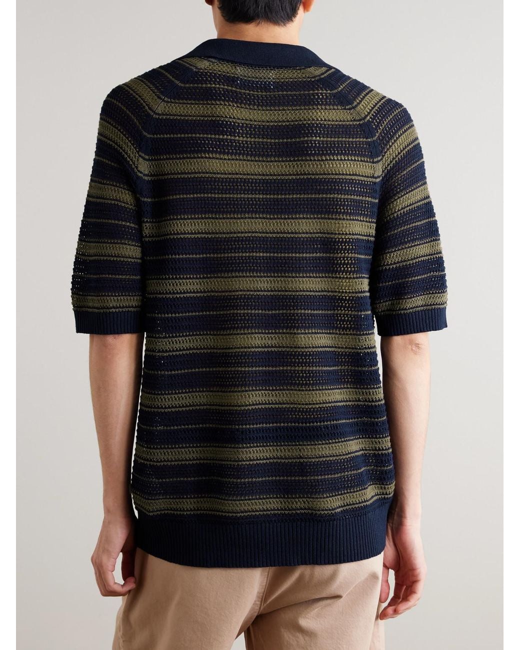 NN07 Blue Cale 60056 Striped Pointelle-Knit Linen And Cotton-Blend Polo Shirt for men