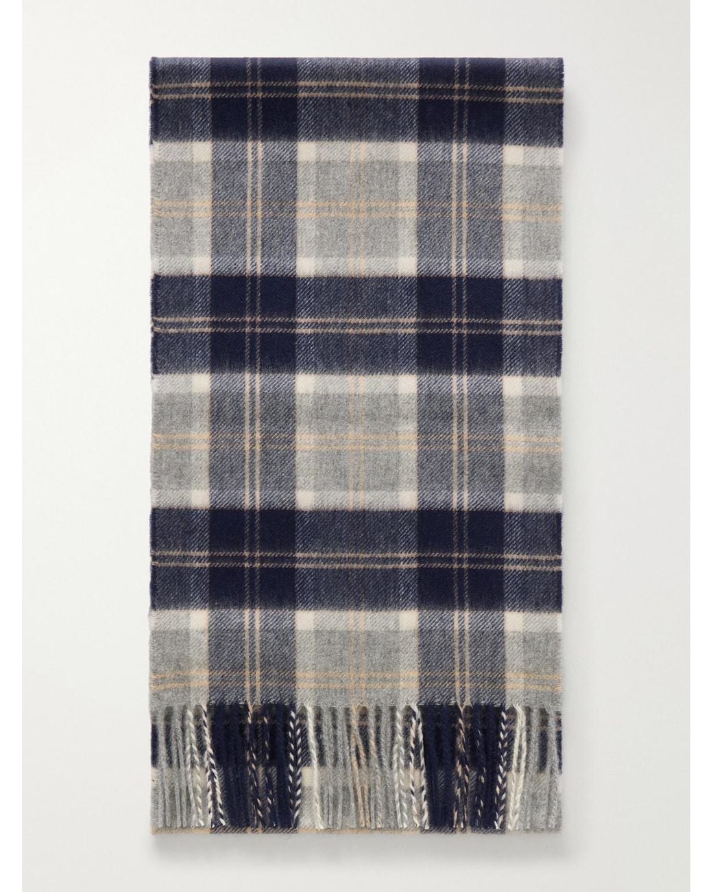 Johnstons Blue Fringed Checked Cashmere Scarf for men