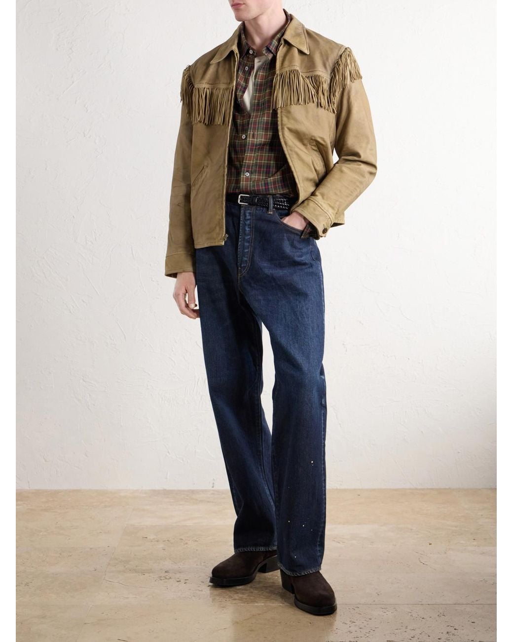 RRL Natural Elkhorn Fringed Suede-Trimmed Leather Jacket for men