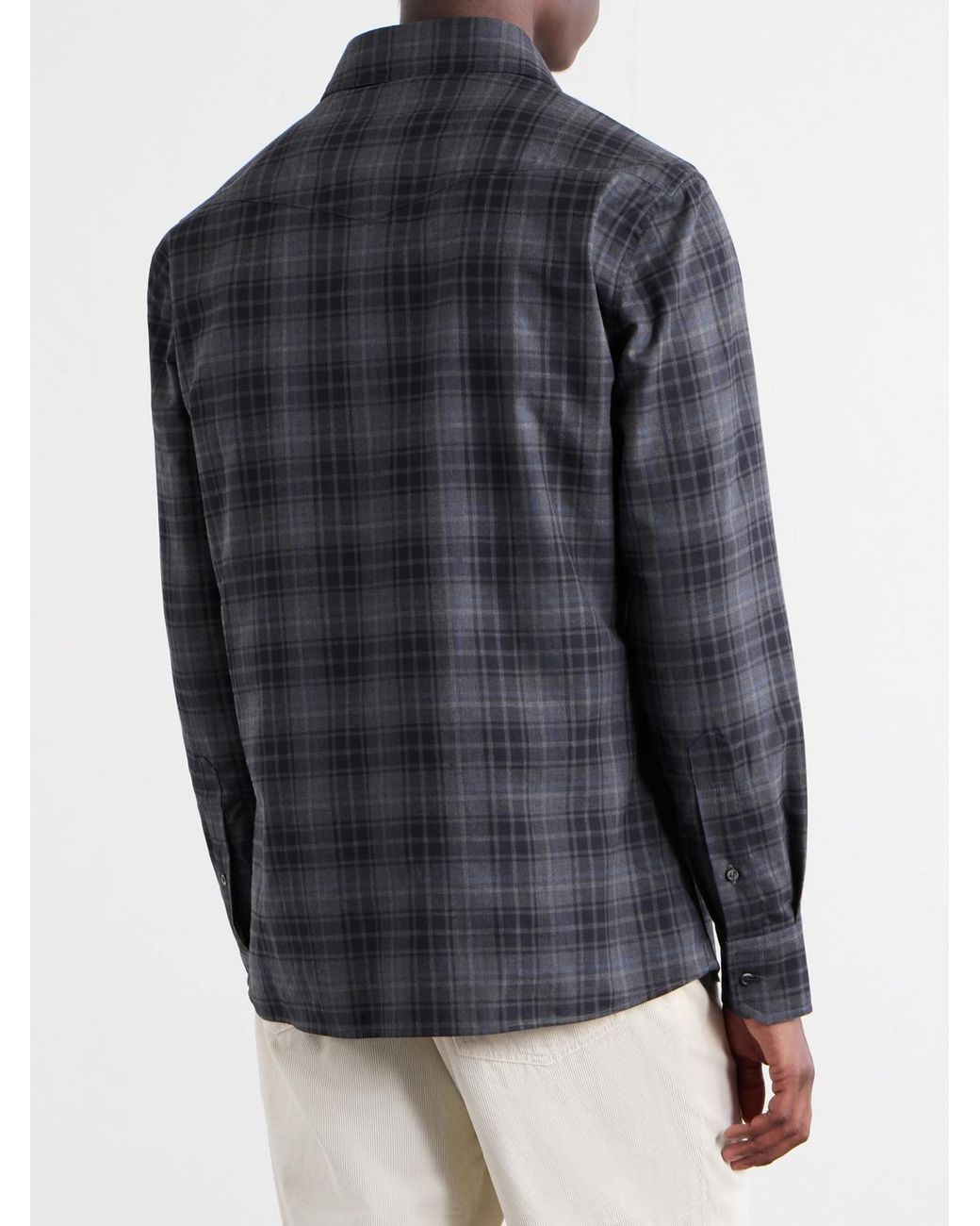 Brunello Cucinelli Blue Checked Cotton-Flannel Shirt for men