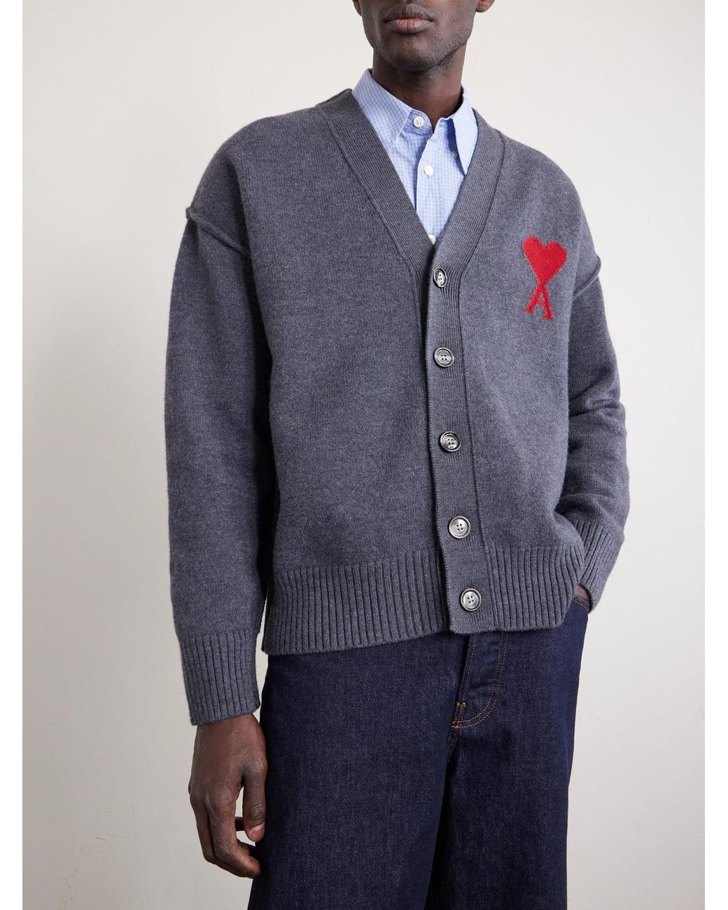 AMI Blue Logo-Intarsia Merino Wool Cardigan for men