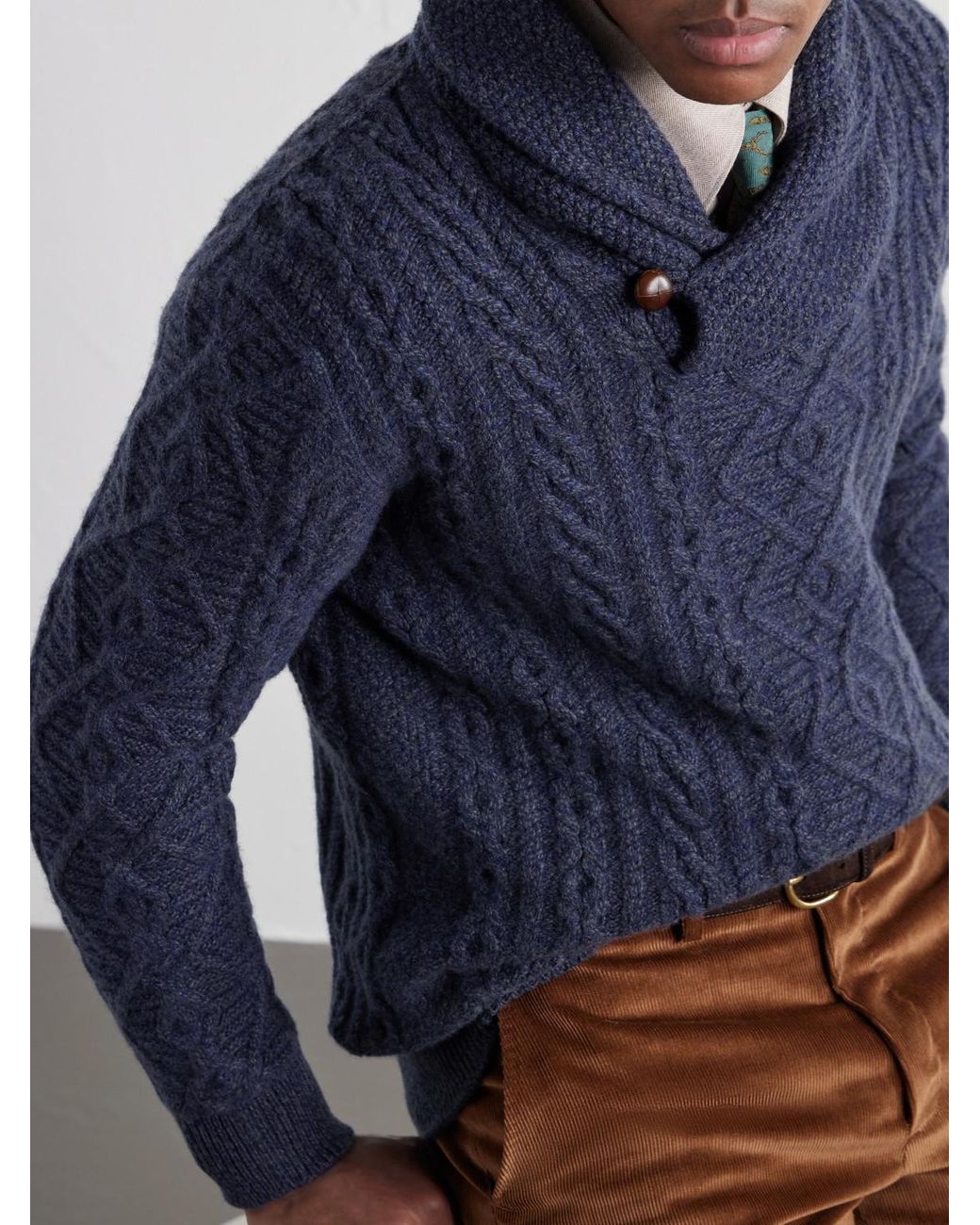 James Purdey & Sons Blue Shawl-Collar Aran Cable-Knit Wool Sweater for men
