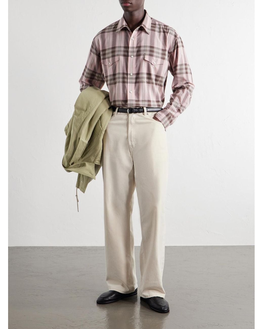 Auralee Pink Checked Cotton And Silk-Blend Flannel Shirt for men