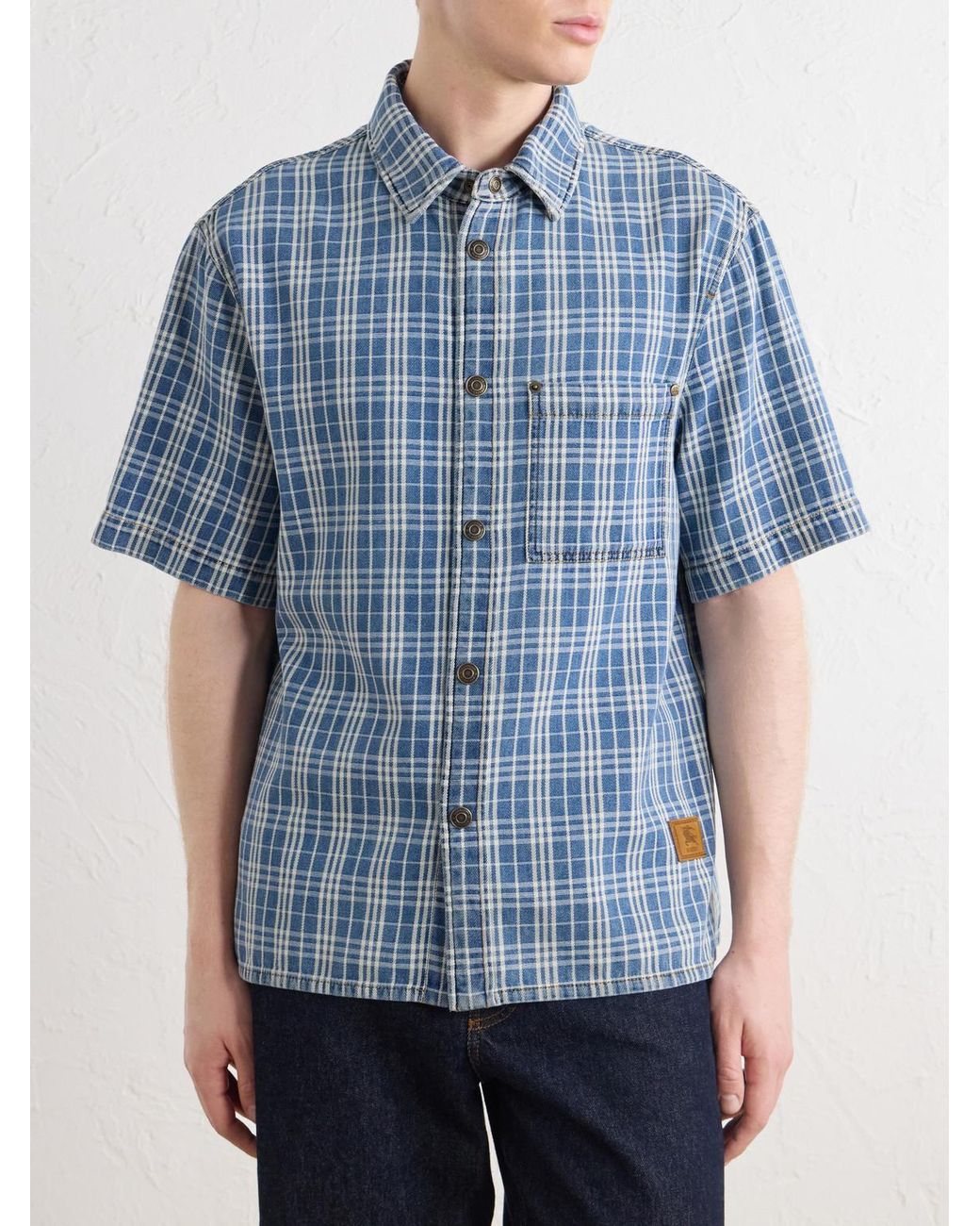 Burberry Blue Logo-Appliquéd Checked Denim Shirt for men