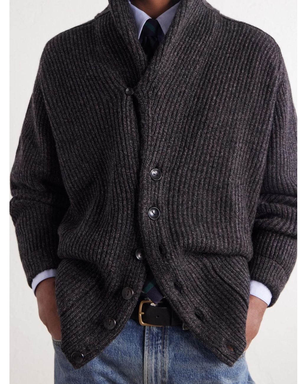 N.Peal Cashmere Black Kensington Shawl-Collar Ribbed Cashmere Cardigan for men