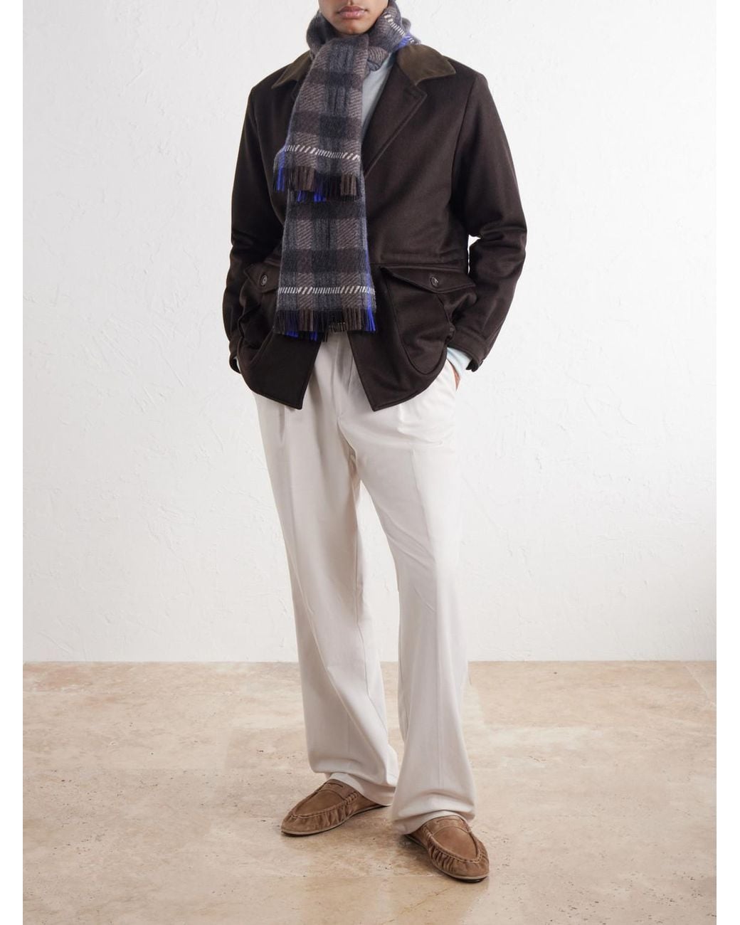 Johnstons Blue Hirta Checked Cashmere Scarf for men
