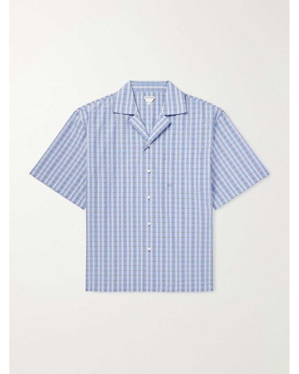 Bottega Veneta Blue Camp-collar Logo-embroidered Checked Cotton And Silk-blend Shirt for men