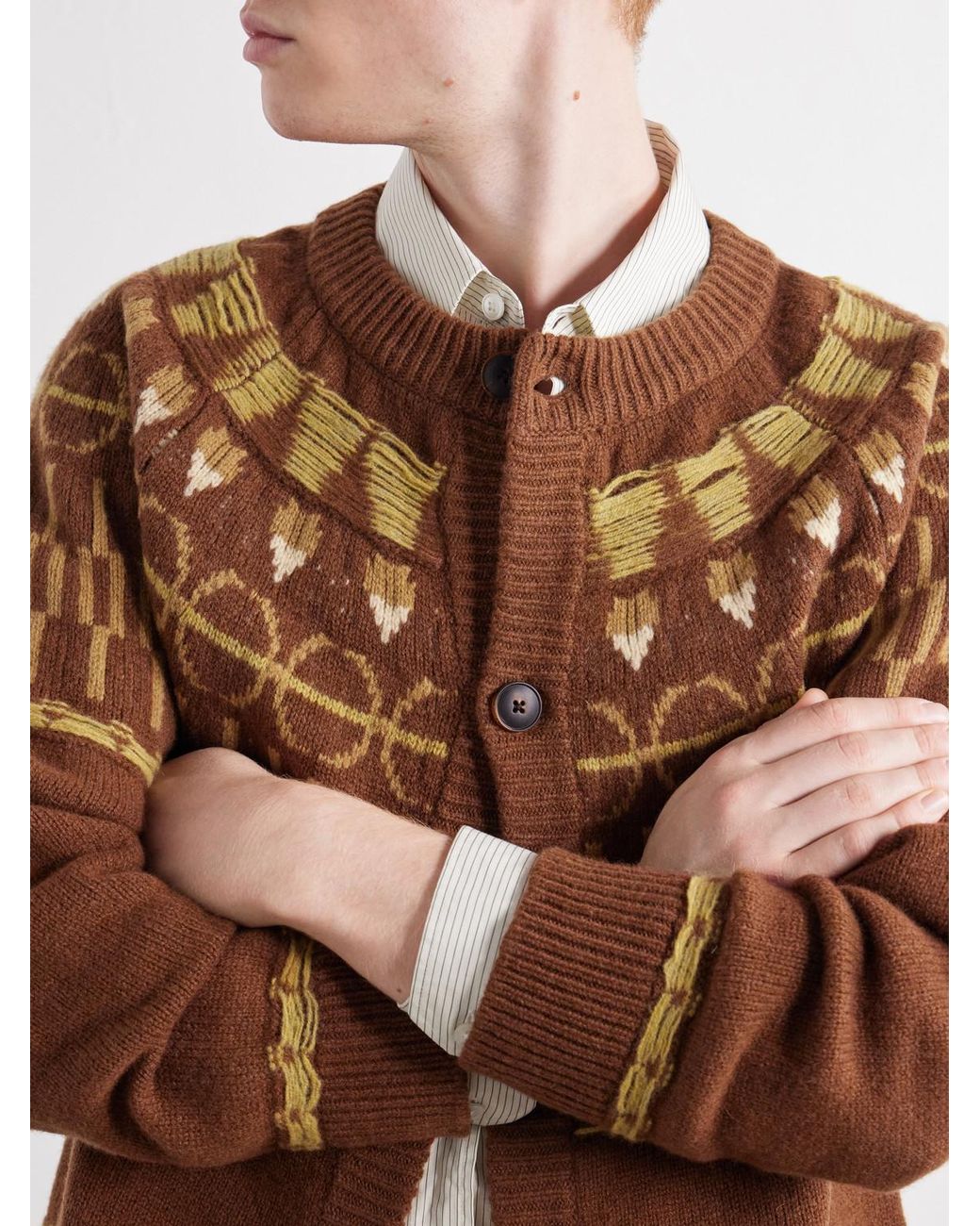 A Kind Of Guise Brown Zatoya Intarsia-Knit Virgin Wool Cardigan for men