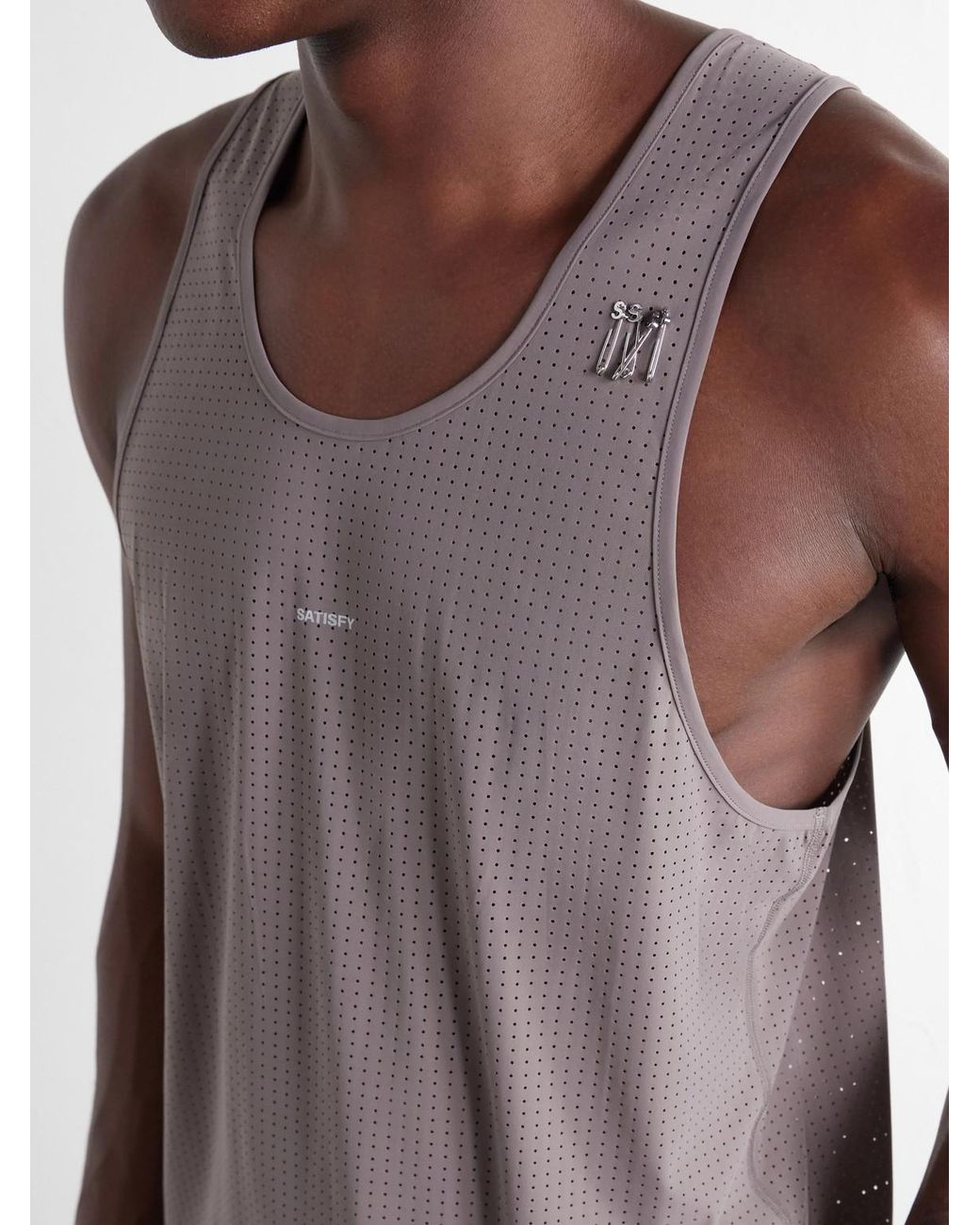 Satisfy Gray Embellished Logo-Appliquéd Space-O Mesh Tank Top for men