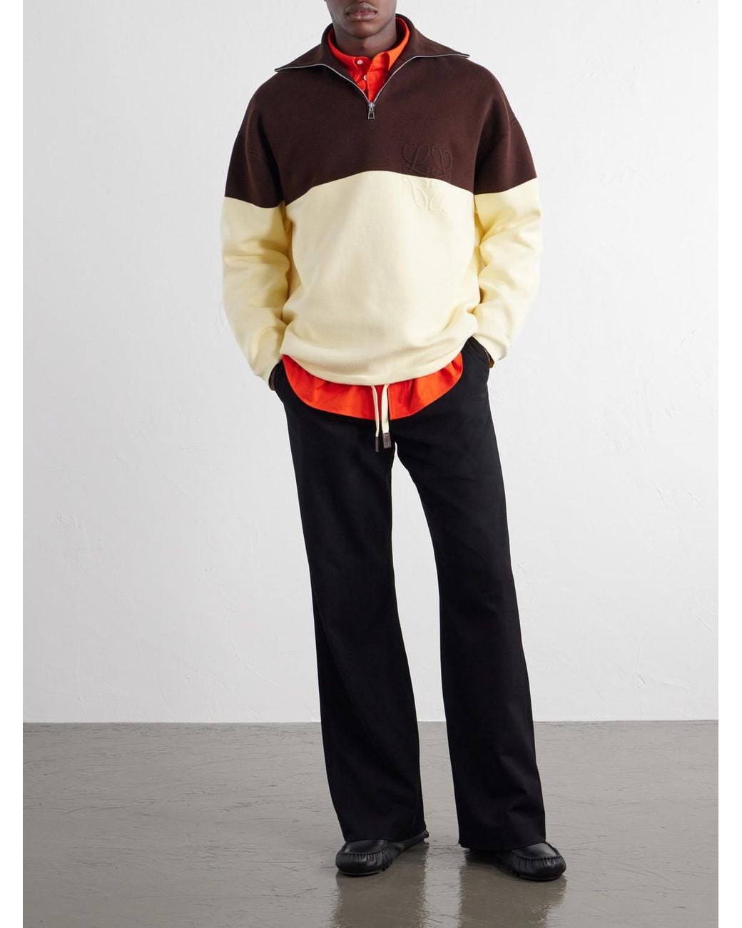 Loewe Brown Anagram-Embossed Two-Tone Cotton-Blend Jersey Half-Zip Sweater for men