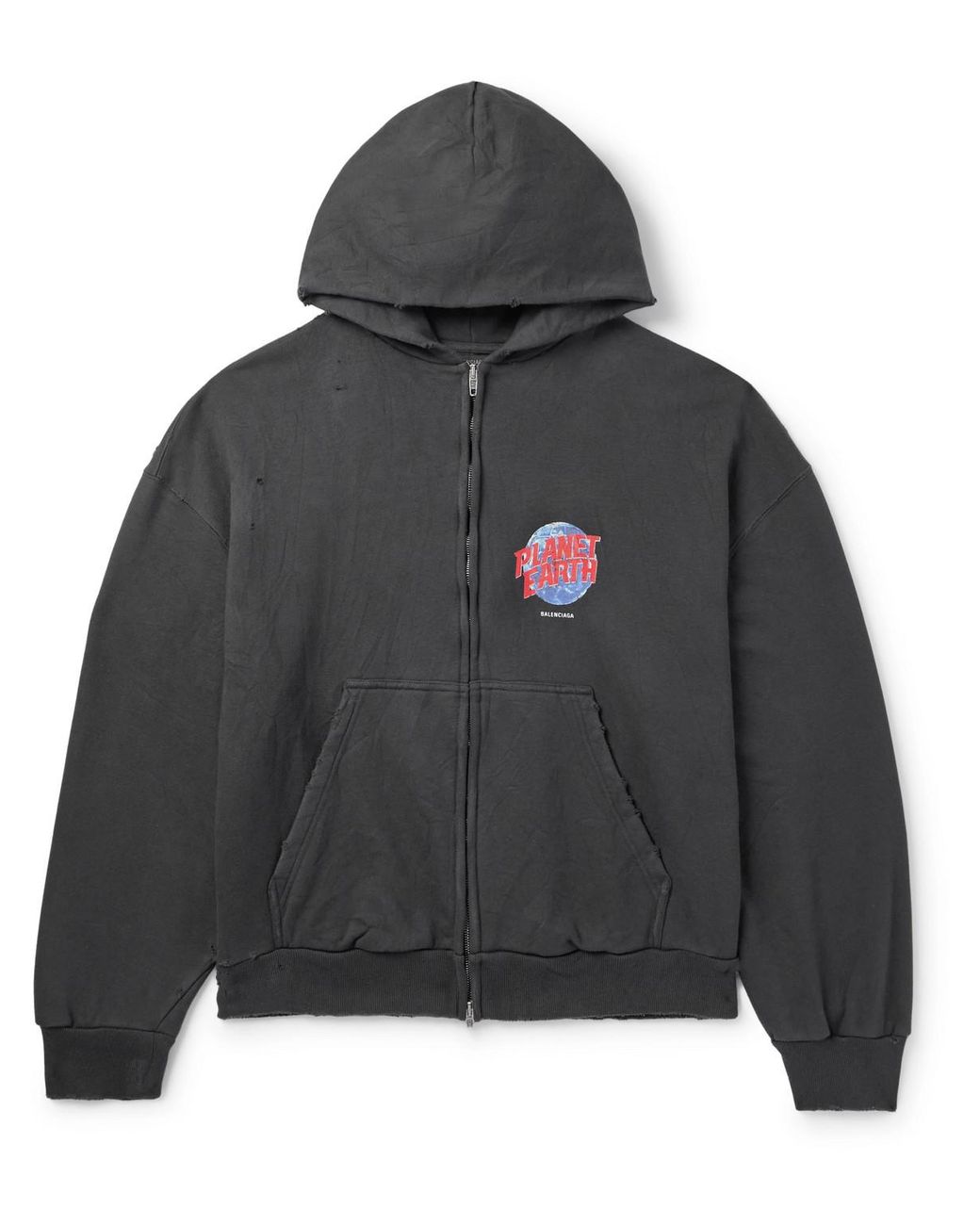 Balenciaga Distressed Logo-Print Cotton-Jersey Zip-Up Hoodie