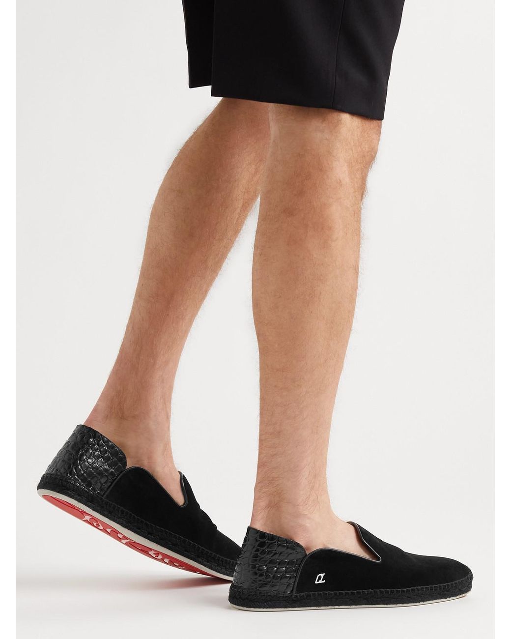 Christian Louboutin Black Collapsible-heel Croc-effect Leather-trimmed Suede Espadrilles for men
